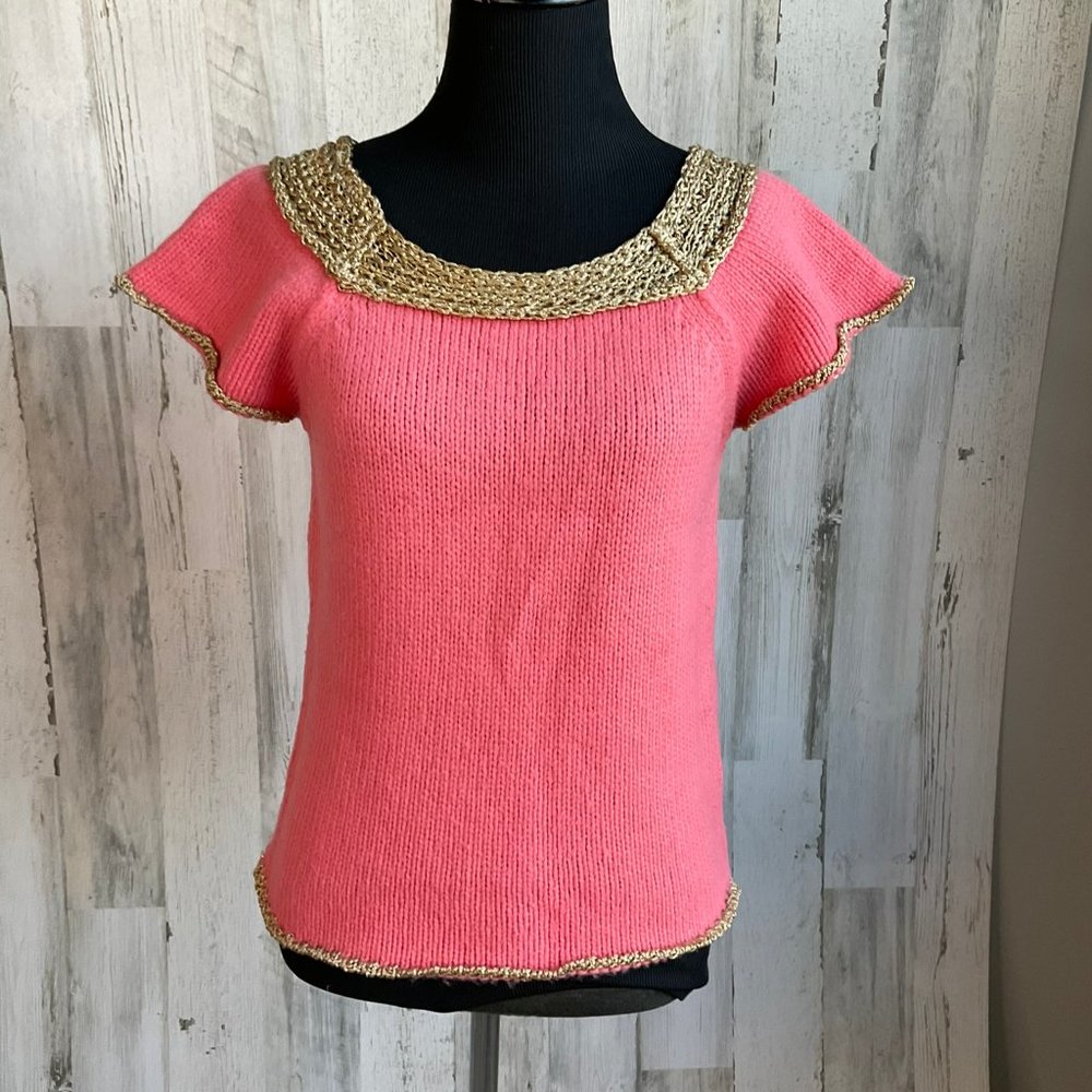 PAUL & JOE Size Medium (Size 2) Short Sleeve Sweater Coral & Gold